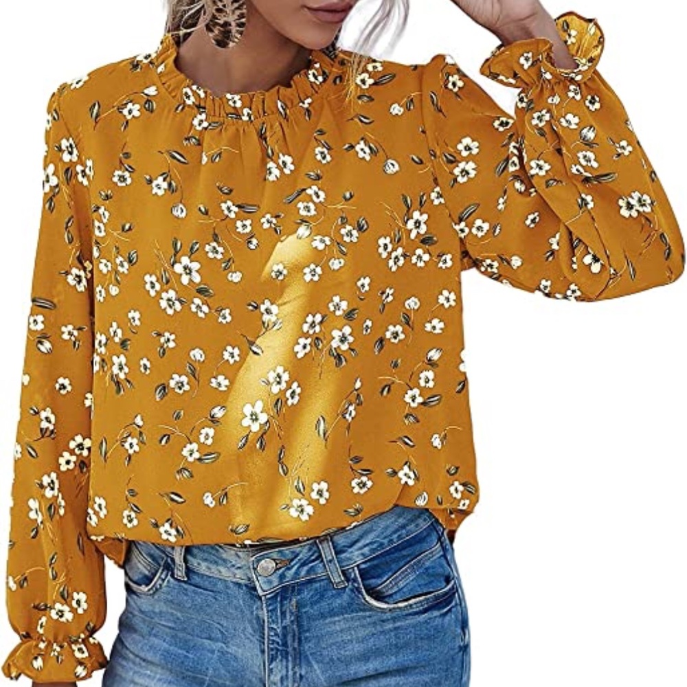 Women's Floral Print Flounce Long Sleeve Mock Neck Work Blouses Tops